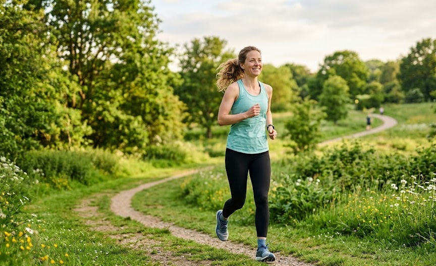 Caminho arborizado ao amanhecer, ideal para uma corrida tranquila